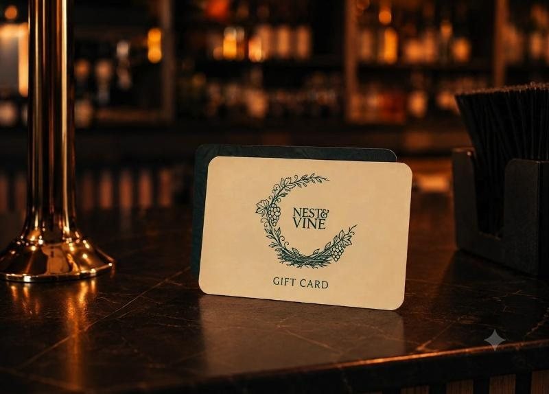 A Nest & Vine gift card on the bar counter